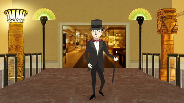 Magician approaches in Harrod's Egyptian Room, Carnival Figures