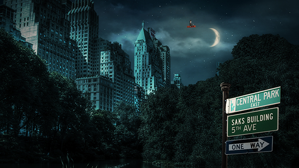 Magician flies over Central Park, Carnival Figures