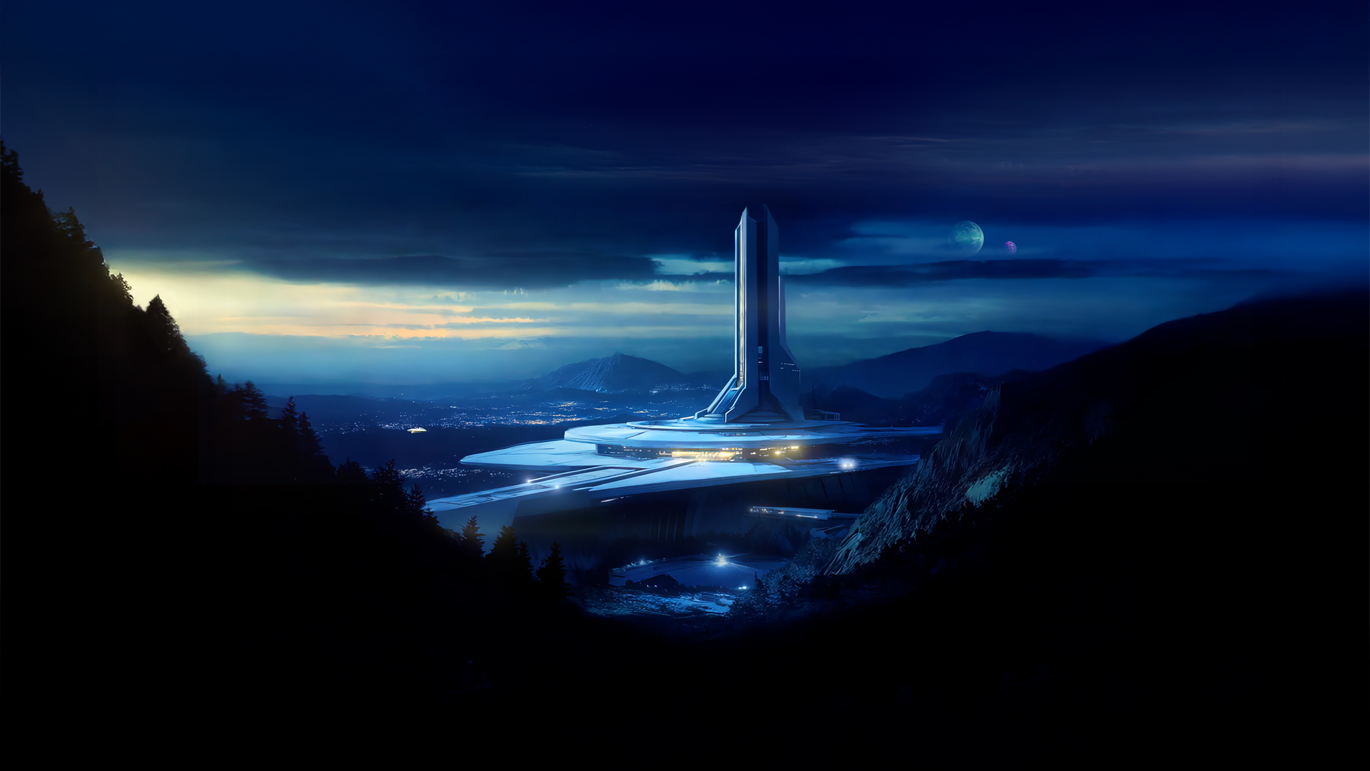 Spaceport 219. Space Academy. North View. Establishing Shot. Night,  Laundry Monsters